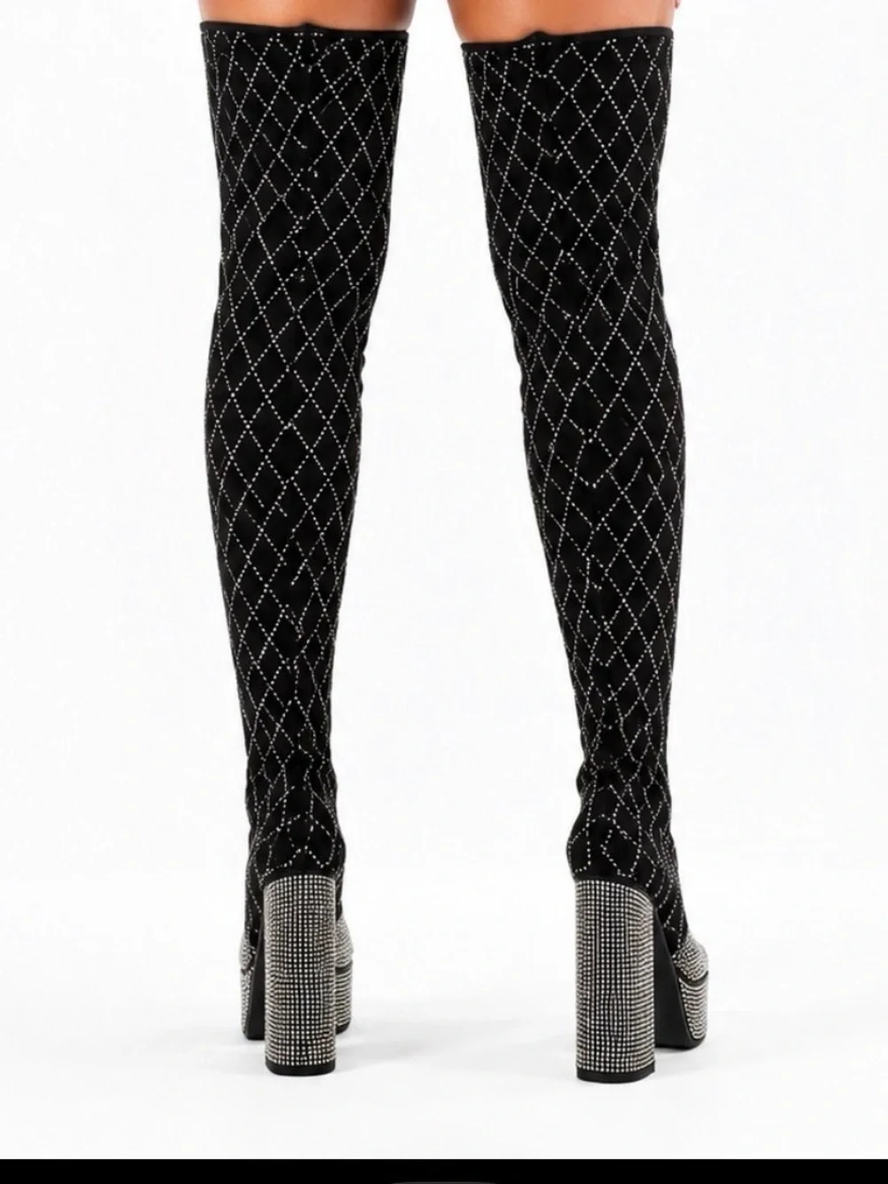 Gorgeous Black Crystal-Studded Over-the-Knee Platform Boots